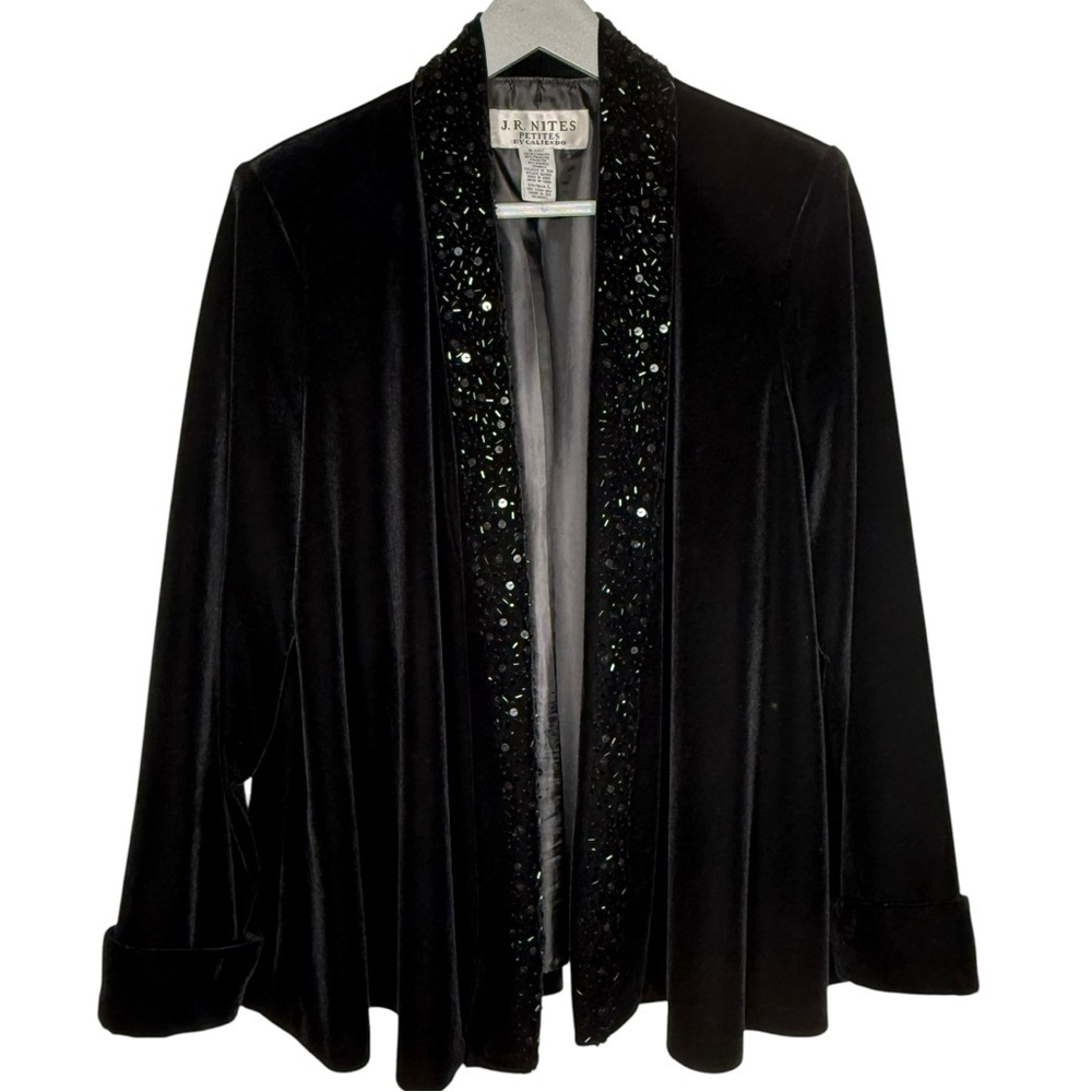 J.R. Nites by Caliendo Black Velvet Sequined Trim Swing Jacket Sz LP Long Sleeve
